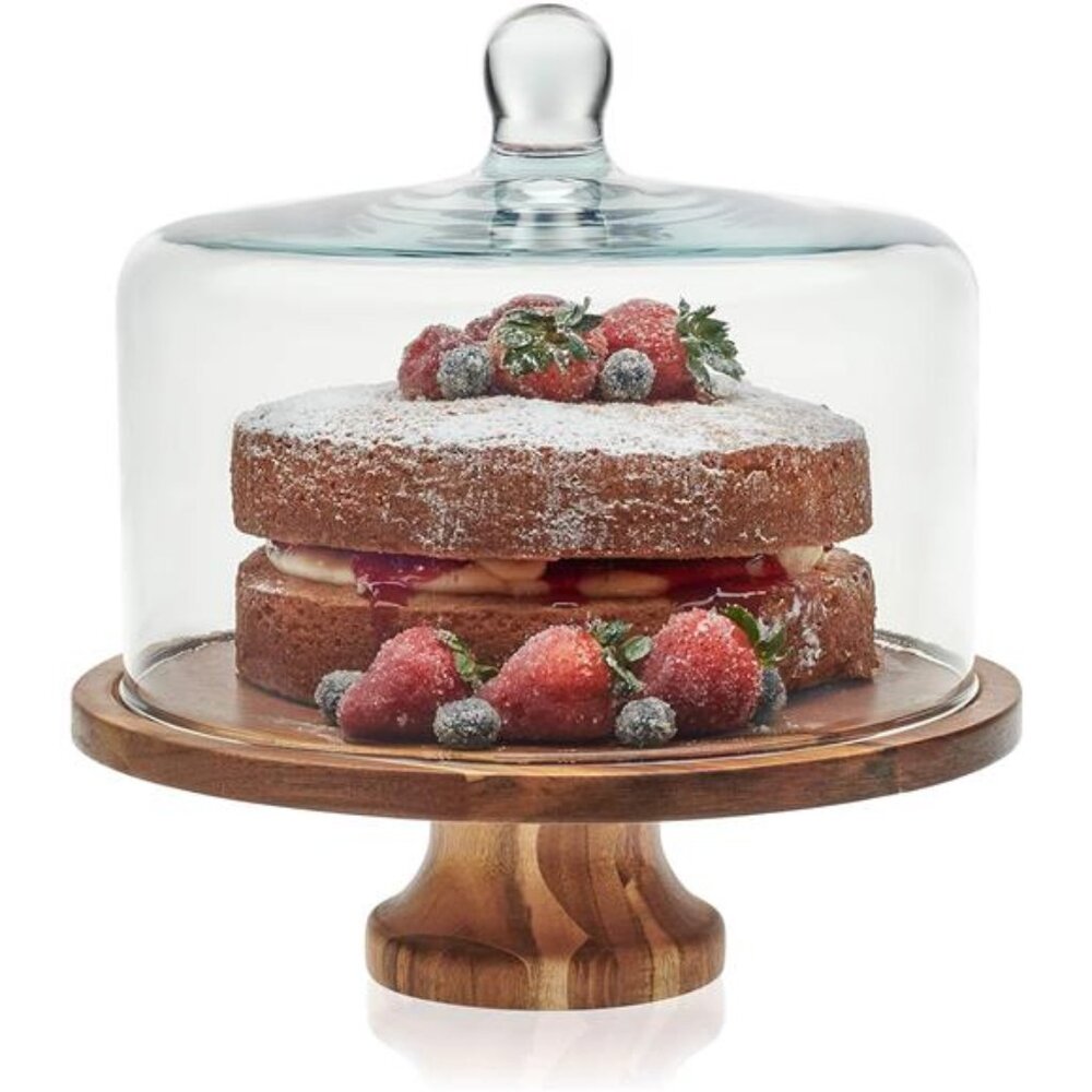 Acacia Wood Cake Stand with Lid, Footed Round Cake Container, Ball Top Handle